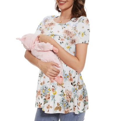 Bearsland Short Sleeve Nursing Top - color: Grayish Green & Rose Pink & Brown Flowers, size: Small