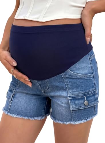 BLENCOT Maternity Denim Cargo Shorts Over Belly Soft Stretch Frayed - color: Ashleigh Blue, size: Small