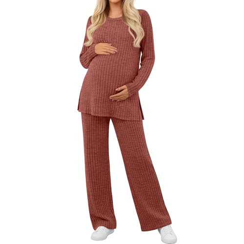 Women's 2 Piece Maternity Ribbed Pajama Outfit - color: Caramel, size: Small