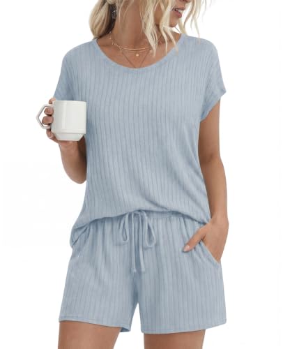 Womens Pajamas 2 Piece Lounge Sets Summer Sleepwear Short Pjs - color: Blue, size: Medium