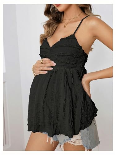 MakeMeChic Women's Maternity Babydoll Tank Tops Peplum Ruffle Cami Top - color: Black, size: Medium