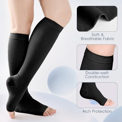 2 Pairs 20-30mmHg Knee High Compression Socks for Women, Open Toe - color: Black, size: X-Large
