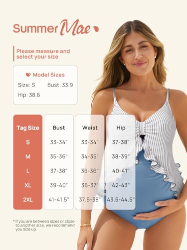Summer Mae Maternity Swimsuit One Piece Ruffle Pregnancy Bathing Suit - color: Black Stripe, size: XX-Large