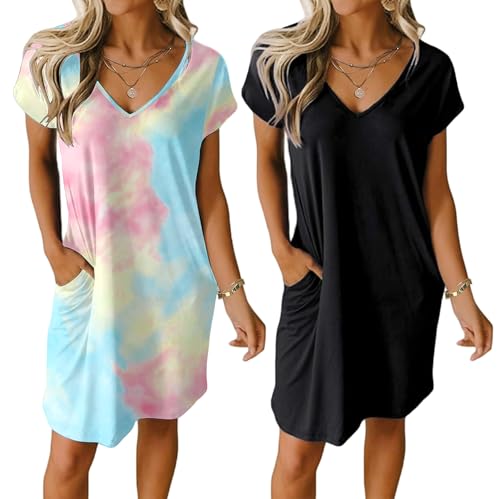 Ekouaer Womens 2 Pack Nightgown with Pockets Short Sleeve Night Shirts - color: Black+pink Tie Dye, size: Large