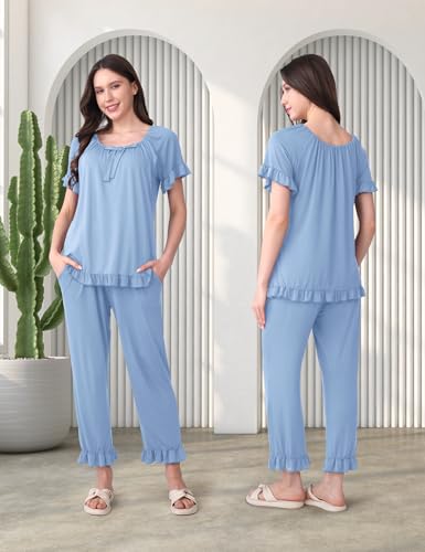 SUNNYBUY 3 PCS Ruffle Nursing Pajamas Set with Bow, Maternity Sleepwear - color: Sky Blue, size: Medium