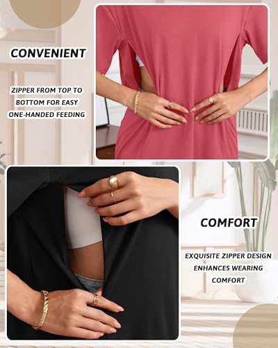 3 Pack Women's Oversize Nursing Shirts - color: Light Green, Brick Red, Black, size: Medium