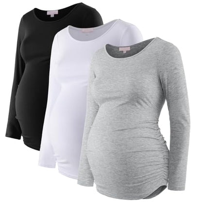 Bhome Women's Maternity Shirts 3 Packs Long Sleeve Pregnancy Tops Basic Side Ruched Tunic Blouse - color: Black/White/Gray, size: XX-Large