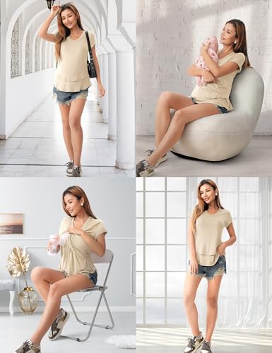 SUNNYBUY 3 Pack Maternity Nursing Tops for Postpartum Breastfeeding Shirts - color: Black+light Gray+khaki, size: Medium