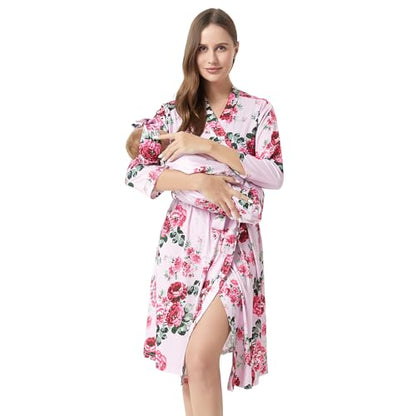 Galabloomer Maternity Robe and Receiving Blanket, Matching Mommy Labor Robe - color: Pink Blg Flower, size: Large
