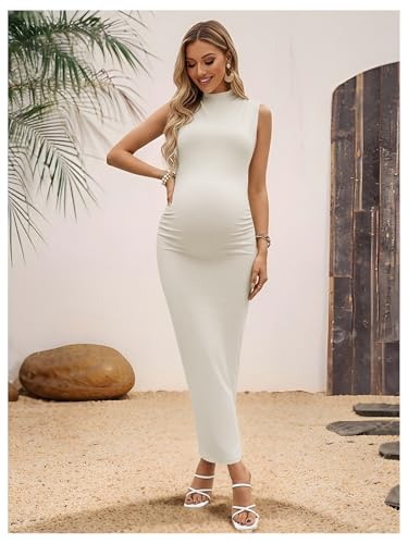OYOANGLE Women's Maternity Mock Neck Sleeveless Ruched Bodycon Maxi Dress - color: Apricot, size: Small