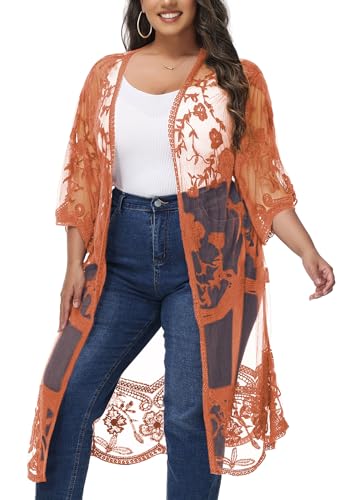 Anna-Kaci Women's Plus Size Lace Cardigan Embroidered Long Kimono Dusters with Half Sleeves - color: Rustic Orange, size: X-Large-XX-Large