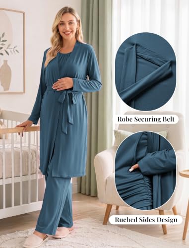 Women 3PCS Maternity Robe Sets Nursing Pajamas Postpartum Breastfeeding Pjs - color: Dark Blue, size: Medium