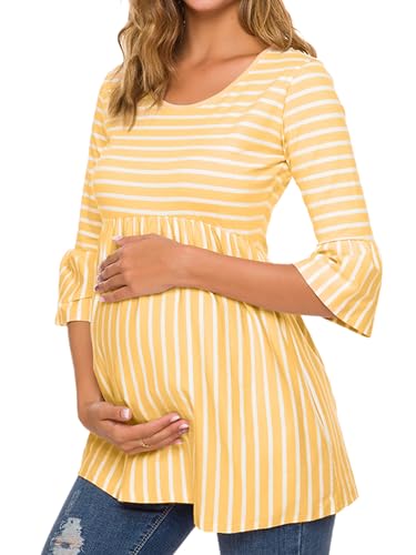 Ecavus Women's Maternity Shirt Striped Peplum 3/4 Sleeve Maternity Top - color: 05-yellow White Stripe, size: Medium