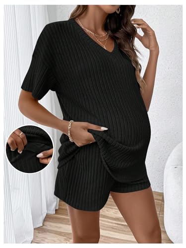 SweatyRocks Maternity 2 Piece Outfits T Shirts and Elastic Waist Shorts Set - color: Black, size: Medium