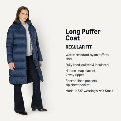 Amazon Essentials Women's Lightweight Full-Zip Water-Resistant Long Cocoon Puffer Winter Coat, Stand Collar, Insulated - color: Navy, size: X-Small