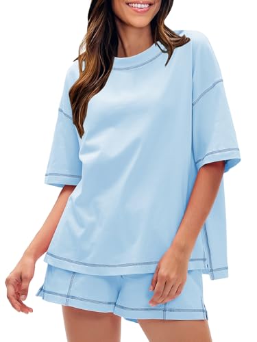 EXLURA Womens Short Sets 2 Piece Outfits Summer 100% Cotton Matching Set - color: Light Blue, size: Medium