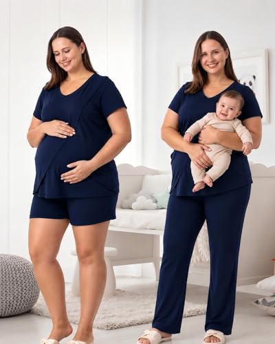 Rnxrbb 3 PCS Women Nursing Pajamas Set Postpartum Maternity Pj with Pockets - color: Navy, size: Medium