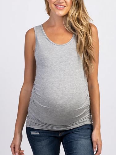 Ecavus 3 Pack Maternity Tank Tops Side Ruched Pregnancy Shirts for Women - color: Black/Grey/Blue, size: Medium