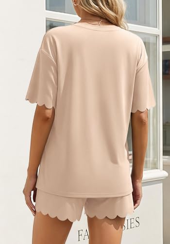Charmo Two Piece Short Sets Women Scalloped Summer Maternity Outfits 2026 - color: Beige, size: X-Large
