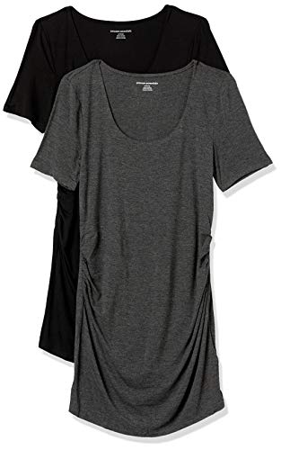 Amazon Essentials Women's Maternity Short-Sleeve Rouched Scoopneck T-Shirt, Pack of 2 - color: Charcoal Heather/Black, size: X-Large