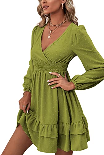 Rooscier Women's Wrap V Neck Swing Ruffle Swiss Dots Long Sleeve Mini Dress - color: Grass Green, size: Small