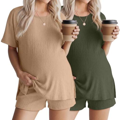 Riyiper 4 Pcs 100% Cotton Maternity Pajamas Sets - color: Khaki, Dark Green, size: Medium