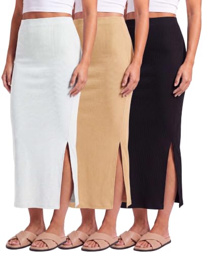 3 Pack Women's Ribbed Maxi Long Skirts High Waisted with Side Slit Pencil - color: Set 6, size: Large