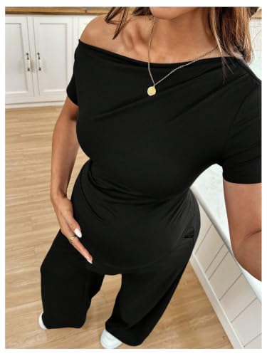 SweatyRocks Women's Maternity Sets 2 Piece Off The Shoulder Top and Pants - color: Black, size: Small