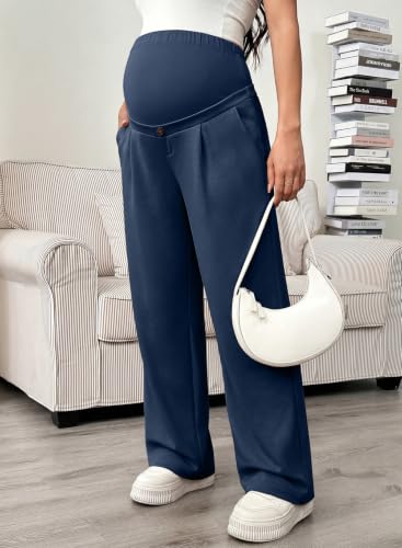 BLENCOT Maternity Pants Over Belly Stretchy Wide Leg Work Trousers - color: Dirty Blue, size: Large