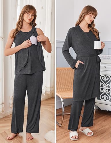 Ekouaer Maternity Pajamas Nursing Robe Set 3 Pieces Post Partum Lounge Sets - color: Dark Gray, size: X-Large