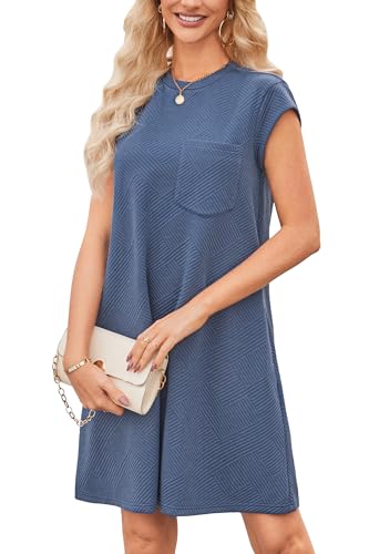 OUGES Women's Summer Casual Cap Sleeve Mini Maternity Dress with Pockets - color: Grey Blue, size: Large
