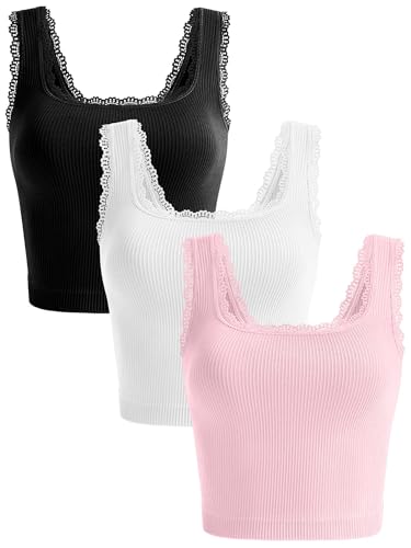 OLCHEE Womens 3 Pack Crop Tank Tops Square Neck Lace Trim Trendy Cami - color: Lace: Black + White + Light Pink, size: Medium