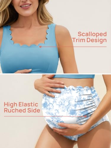 Scalloped Maternity Bikini Swimsuit Two Piece Bow Tie Swimwear - color: Blue and White Flowers, size: 10