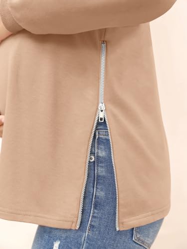 Women's Maternity Shirts Long Sleeve Sweatshirt Zipper Split Side Pregnancy Casual Tunic Top - color: Khaki, size: XX-Large