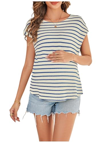 MakeMeChic Women's Maternity Work Knit Tops Nursing Short Sleeve Tees - color: Blue and White, size: Large