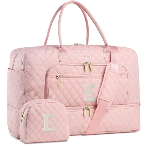 Initial Travel Duffle Bag for Women - Pink Personalized Weekender Bags Overnight Bag with Shoe Compartment & Wet Pocket Weekend Tote Bags with Toiletry Bag Monogram Gifts (Letter E) - color: Pink Letter E
