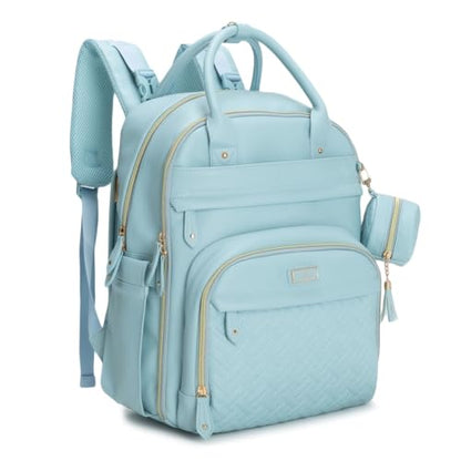 BabbleRoo Leather Diaper Bag Backpack - Baby Essentials Travel Baby Bag, Multi function, Water Resistant, with Changing Pad, Stroller Straps & Pacifier Case – Unisex, Powder Blue - color: Vegan Leather Powder Blue, size: Large