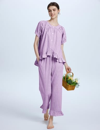 Flygo Women's Cotton Gingham Pajama Set 2 Piece Ruffle Lounge Sleepwear - color: Purple, size: Small