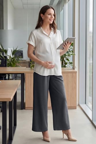 OUGES Women's Wide Leg Summer Business Casual Maternity Pants with Pockets - color: Grey, size: XX-Large