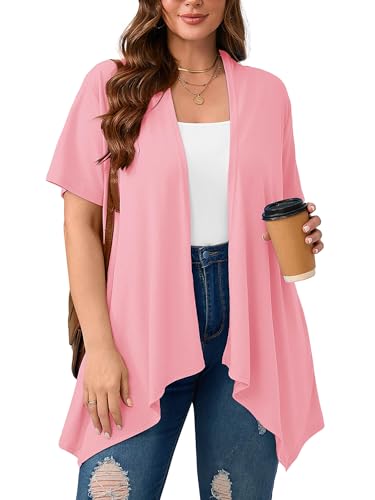 AusLook Women's Plus Size Short Sleeve Cardigan Sweater with Pockets 1X-5X - color: K09-pink, size: 3X