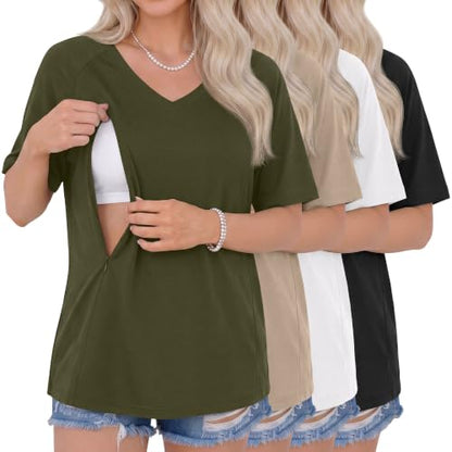 4 Pack Women's Nursing Short Sleeve Shirts - color: Army Green, Khaki, White, Black, size: Medium