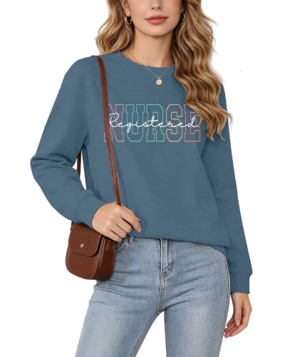 Registered Nurse Sweatshirt Women RN Nurse Long Sleeve Graphic Shirts - color: Blue, size: Large