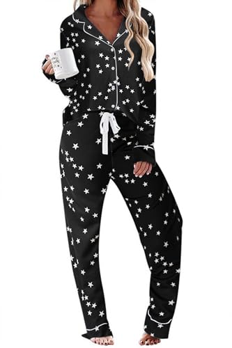 Ekouaer Women's Pajamas Long Sleeve Loungewear Casual Button Down Pjs - color: Black With Stars, size: Medium