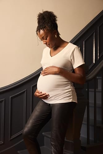 Motherhood Maternity Women's Short Sleeve Side Ruched V-Neck Pregnancy Tee Shirt - color: White, size: Small