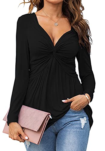 Tankaneo Women V-Neck Front Knotted Tshirt Long Sleeve Oversized Tunic Top - color: B19-black, size: Medium