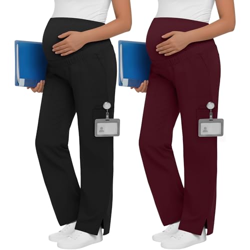 2 Pack Womens Maternity Pants Scrub with 6 Pockets - color: Black, Dark Red, size: Medium