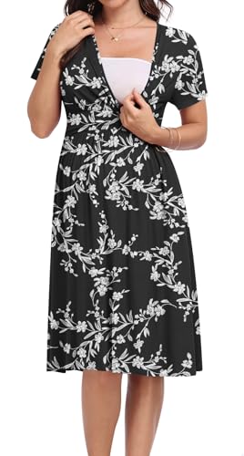 Maternity Dress Summer Wrap Baby Shower Pregnancy Nursing - color: Black Carved White, size: Large