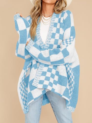 Saodimallsu Womens Checkered Cardigan Sweater - color: Blue, size: X-Large