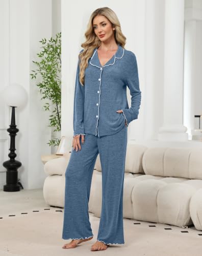 WIHOLL Women's Pajamas Sets Cute Ruffle Long Sleeve Button Up 2 Piece Pjs - color: Blue, size: Small