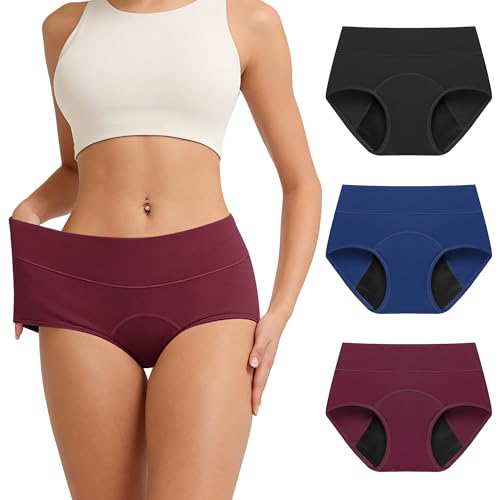 Period Underwear for Women Cotton Heavy Flow Leakproof Briefs 3 Pack - color: Black/Blue/Red, size: Small